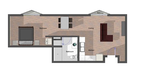 1 Bedroom, 1 Bathroom in Building B. 642 square feet